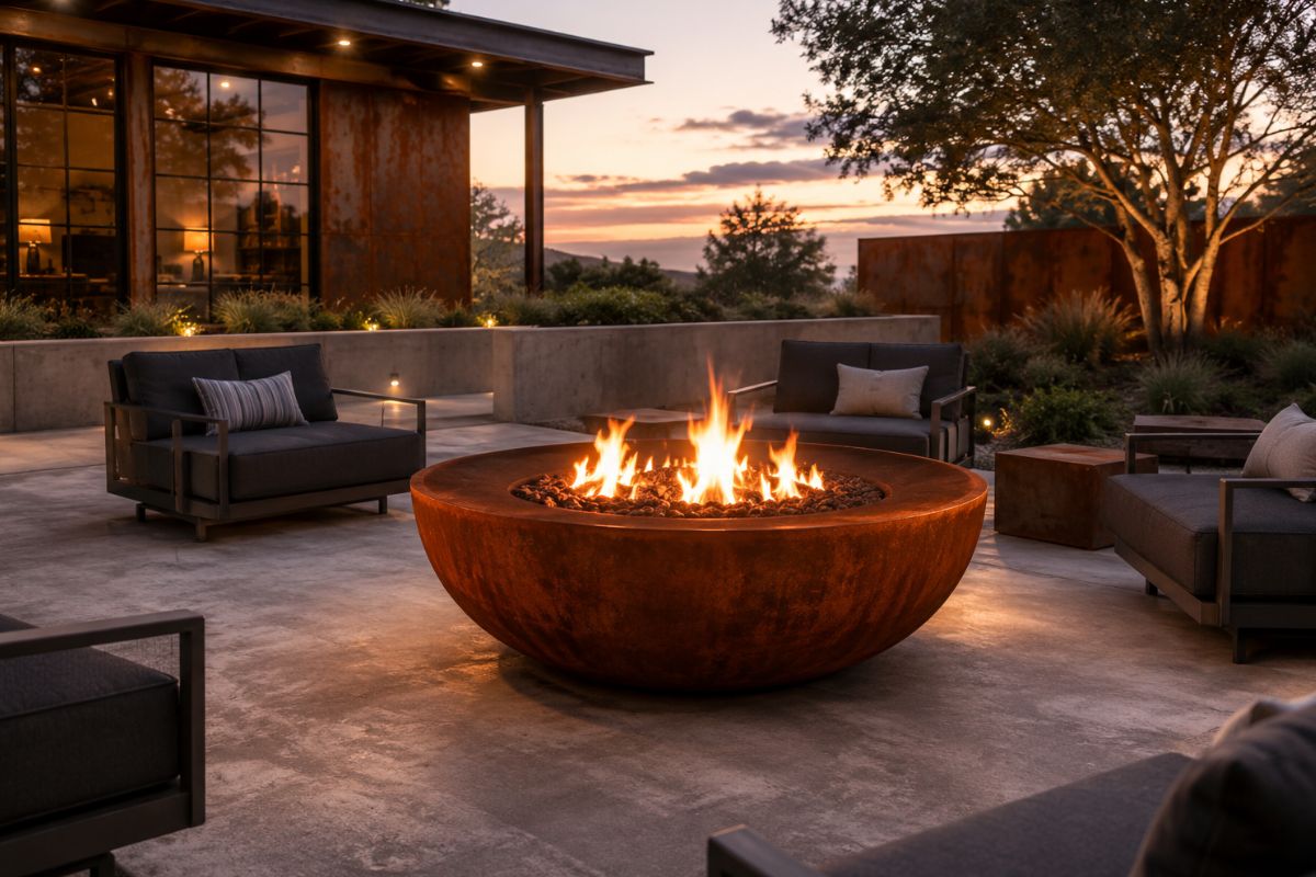 Industrial-Rustic Patio Featuring Weathered Corten Steel