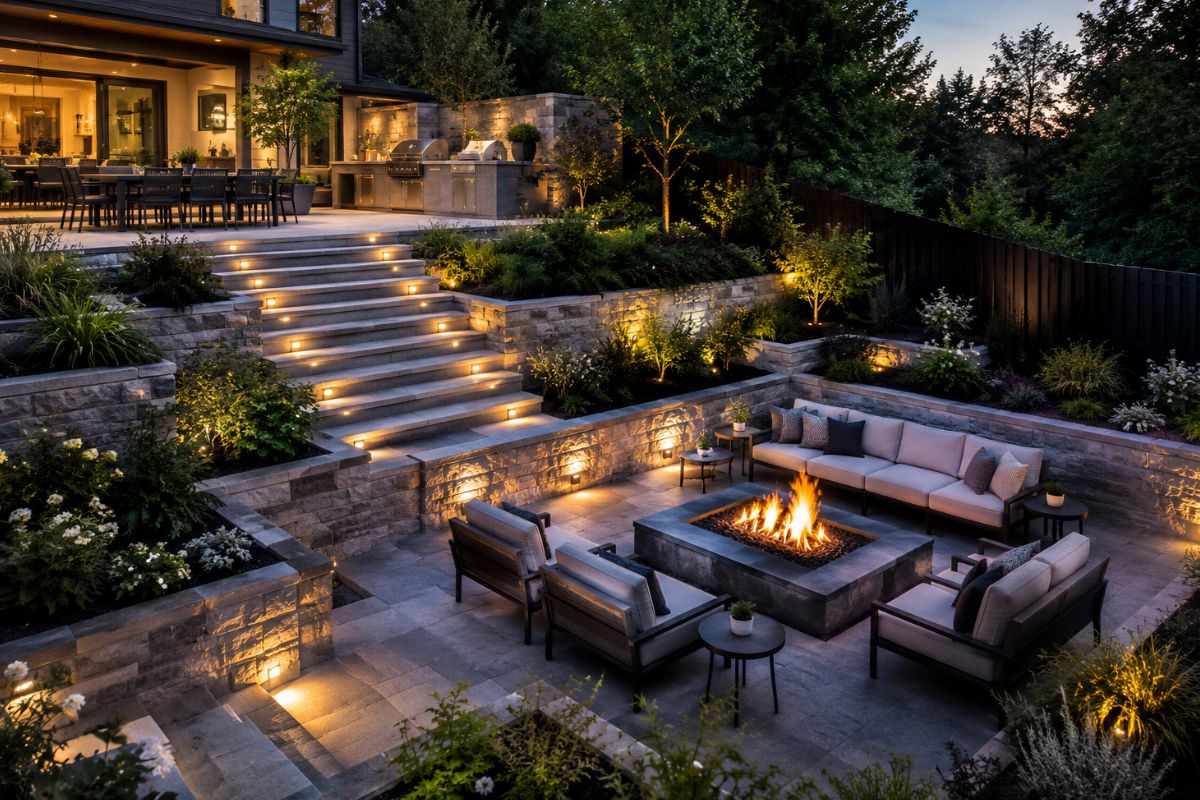 Multi-Level Entertaining Hub in a Sloped Backyard