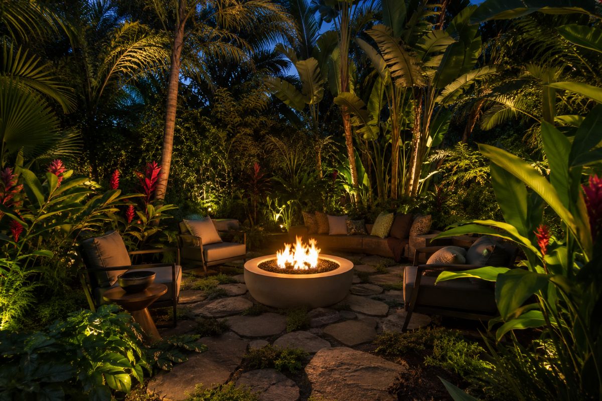Subtropical Oasis Framed by Dense Structural Foliage