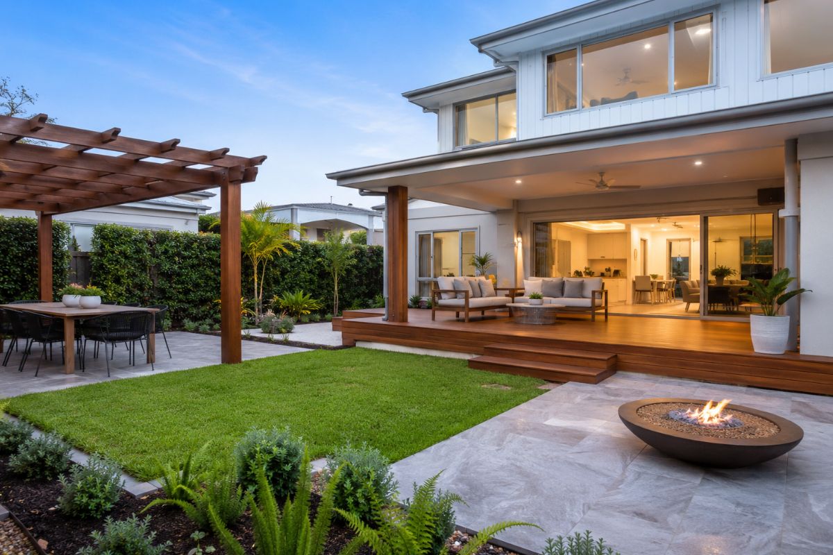 a backyard with a modern landscape design