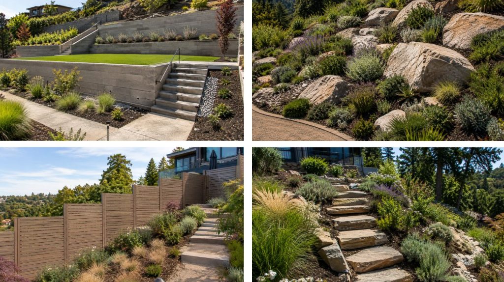 a collage of Sloped Hillside Landscaping Ideas